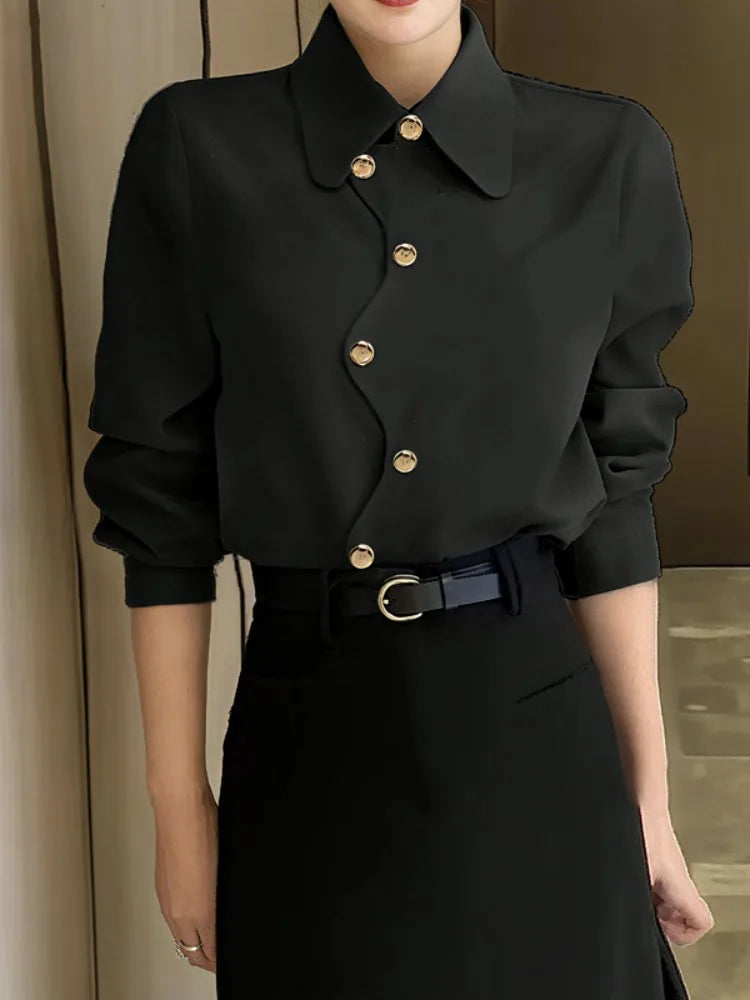 2026 New Women's Black Asymmetrical Gold Button BlouseTurn Down Collar Long Sleeve Loose Urban Casual Office Shirt Tops